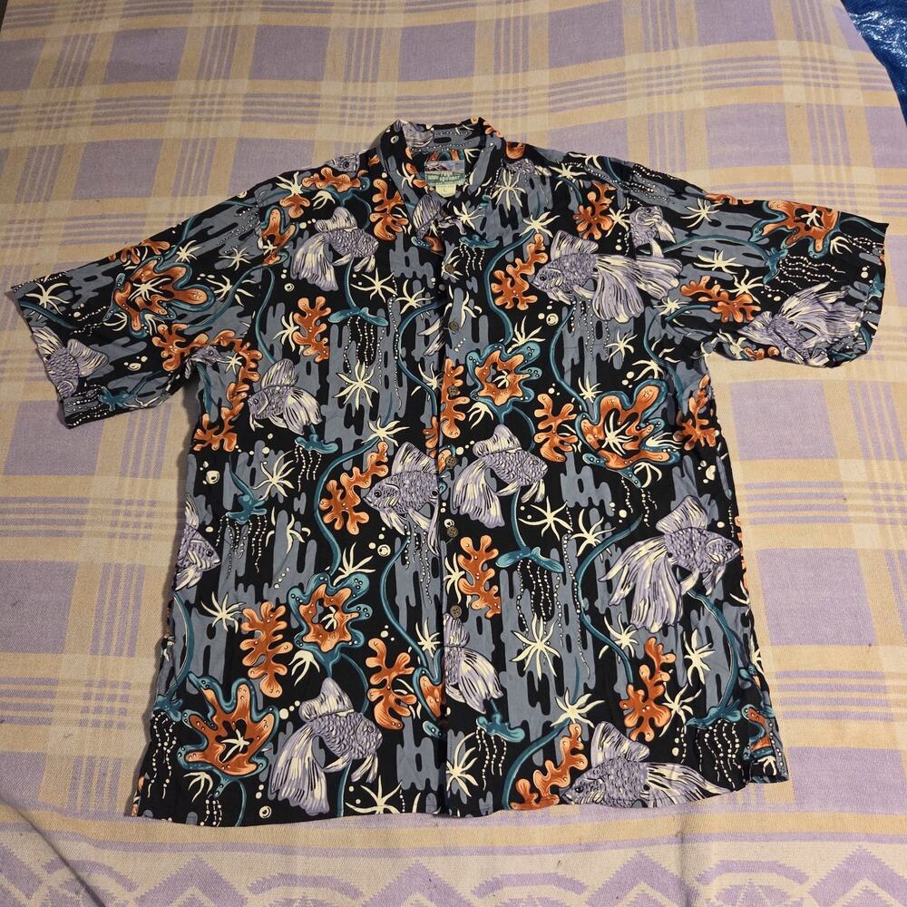 Vtg Reyn Spooner Atomic Fish Rayon Hawaiian Aloha Shirt Button Kahala Avanti